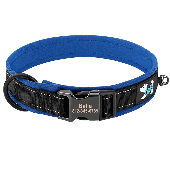 Collier personnalisé pour chien avec bandes réfléchissantes et boucle gravée, couleur bleu