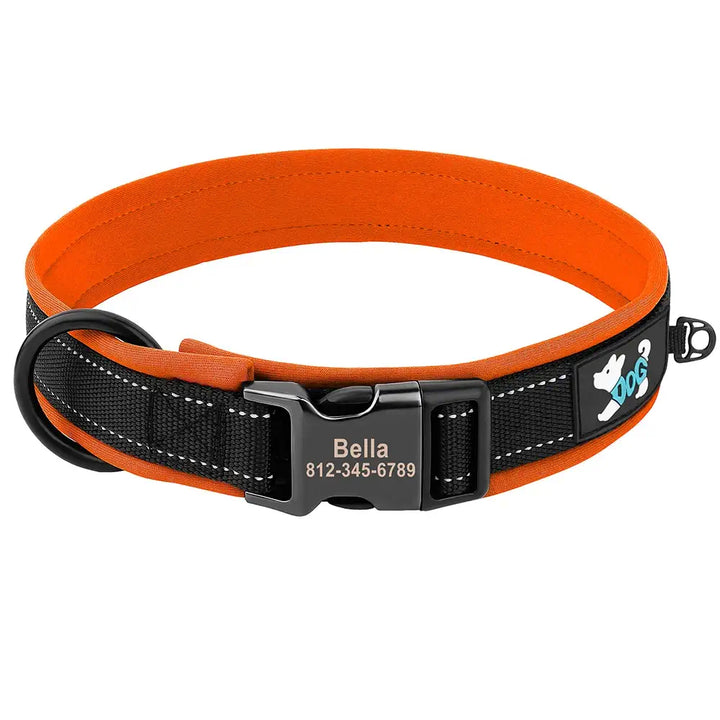 Collier personnalisé pour chien avec bandes réfléchissantes et boucle gravée, couleur orange