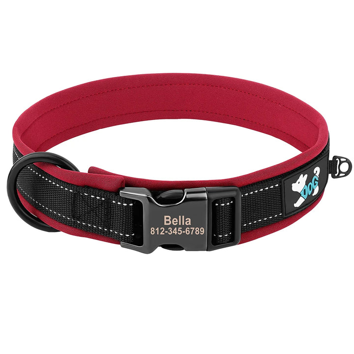 Collier personnalisé pour chien avec bandes réfléchissantes et boucle gravée, couleur rouge