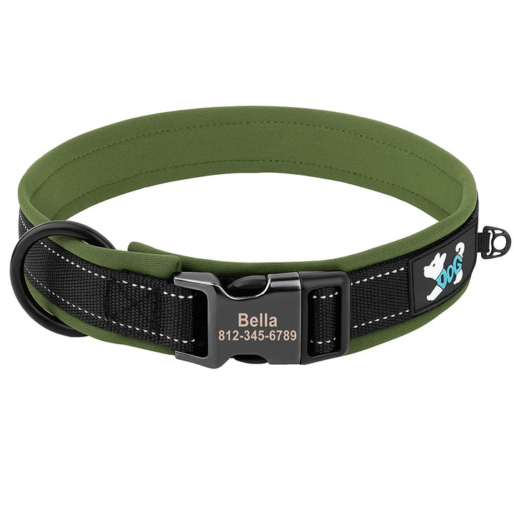 Collier personnalisé pour chien avec bandes réfléchissantes et boucle gravée, couleur vert