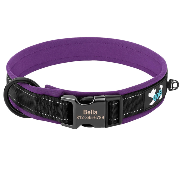 Collier personnalisé pour chien avec bandes réfléchissantes et boucle gravée, couleur violet