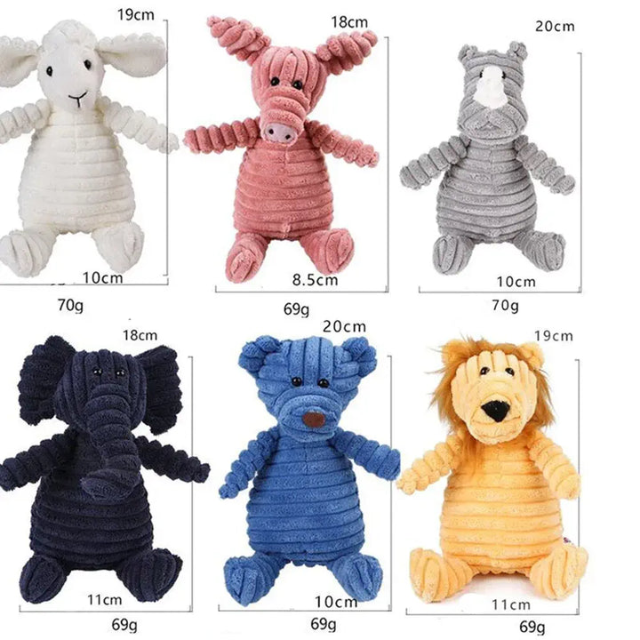 Dimensions des peluches pour chiens en velours côtelé, 10 cm de large par 20 cm de long