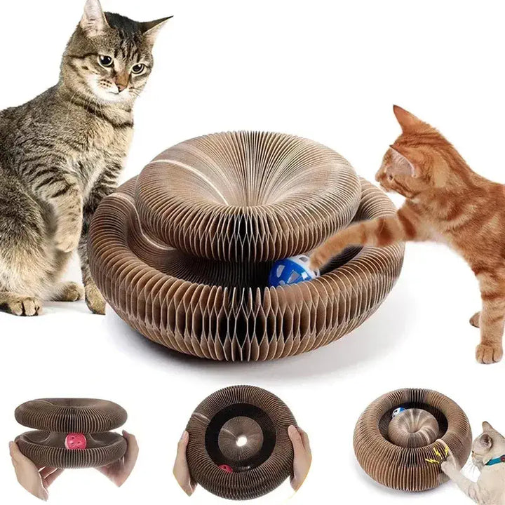 Griffoir pliable multiforme pour chat en carton montré en usage