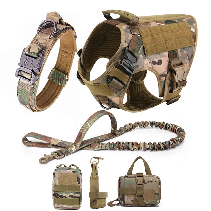 Pack complet harnais camouflage tactique beige pour chien avec accessoires et laisse