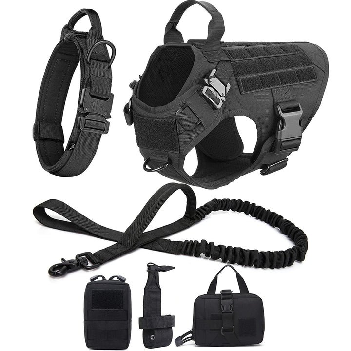 Pack complet harnais noir tactique pour chien avec accessoires et laisse