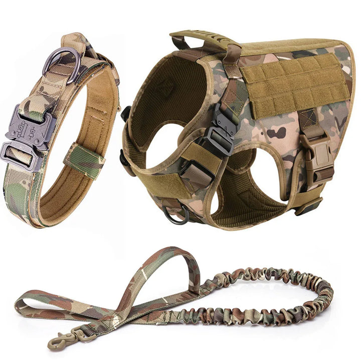 Ensemble harnais tactique camouflage beige pour chien avec accessoires et laisse