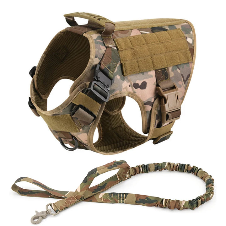 laisse et harnais tactique camouflage beige pour chien avec accessoires