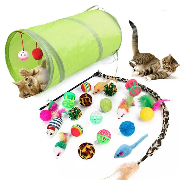 Pack de 21 jouets pour chats incluant tunnel, balles, souris et canne à pêche