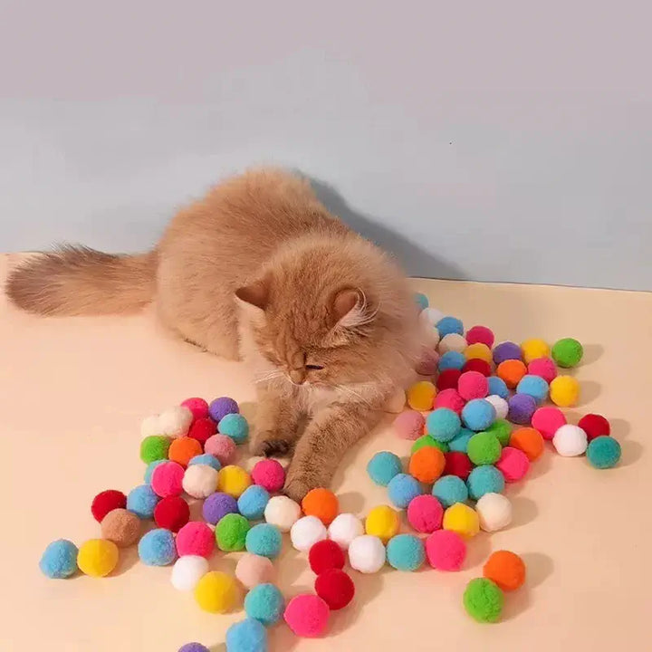 Chat beige jouant joyeusement avec des balles colorées, parfait pour stimuler l'activité chez les félins.