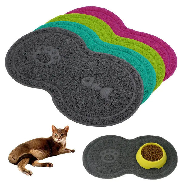 Tapis de gamelle pour chat disponible en plusieurs couleurs, avec motifs de poisson et de patte