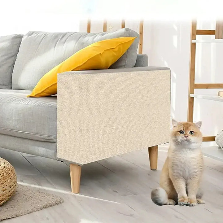 Chat beige utilisant un tapis à gratter pour protection de canapé et meubles